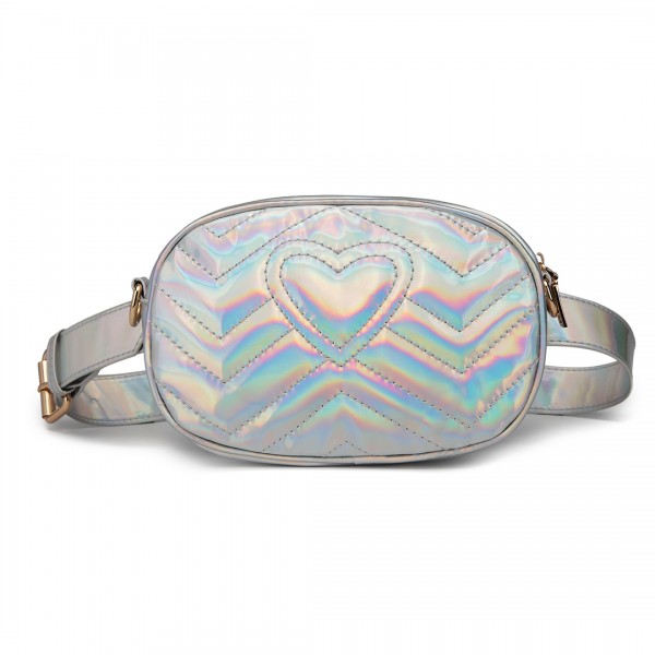 LH6834 - Miss Lulu Quilted Heart and Chevron Cross Body and Bum Bag - Iridescent Silver